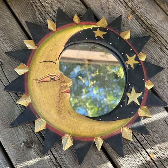 Vintage Wooden Celestial Sun, Moon and stars Wall Mirror from Indonesia 13" - Picture 13 of 16